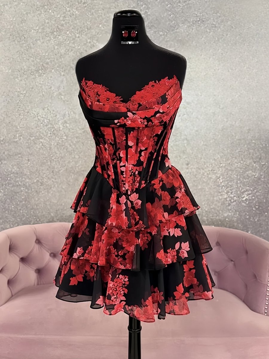 Tirzah | Red - Strapless Floral Chiffon A Line Corset Tiered Homecoming Dress With Appliques