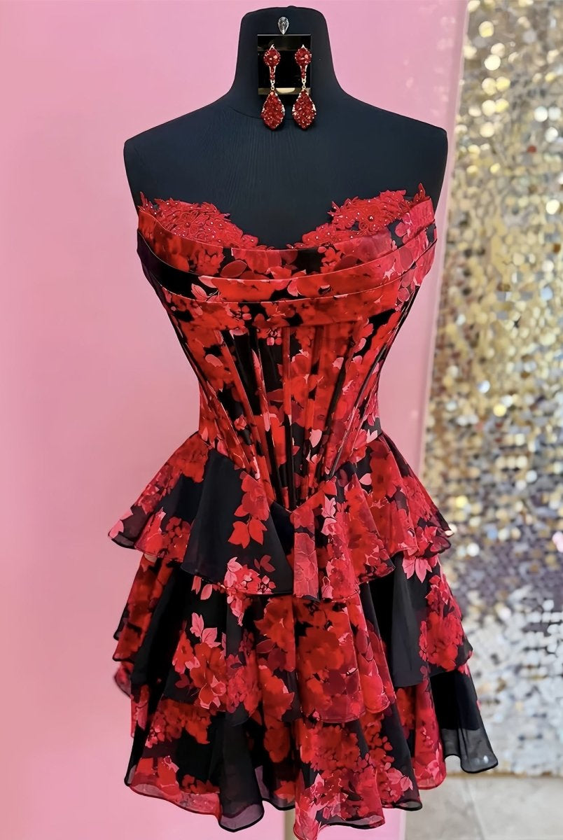 Tirzah | Red - Strapless Floral Chiffon A Line Corset Tiered Homecoming Dress With Appliques