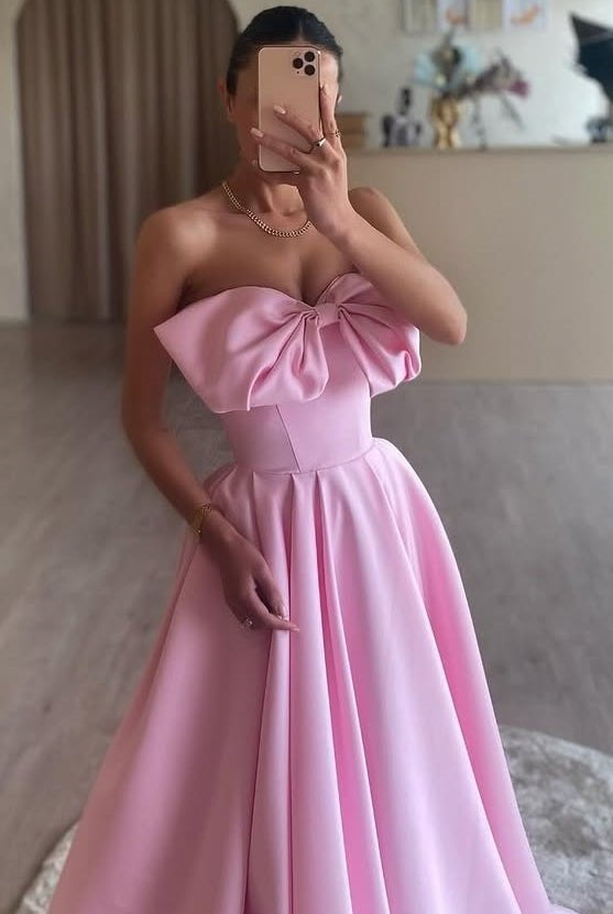Tomie | Pink A-Line Strapless Bow Satin Pleated Long Formal Prom Dress