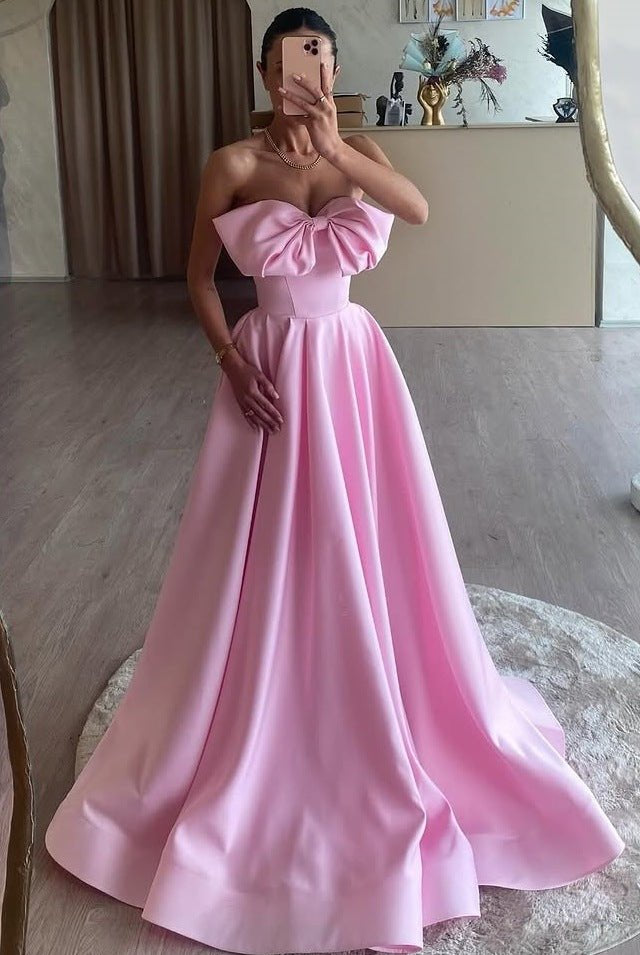 Tomie | Pink A-Line Strapless Bow Satin Pleated Long Formal Prom Dress