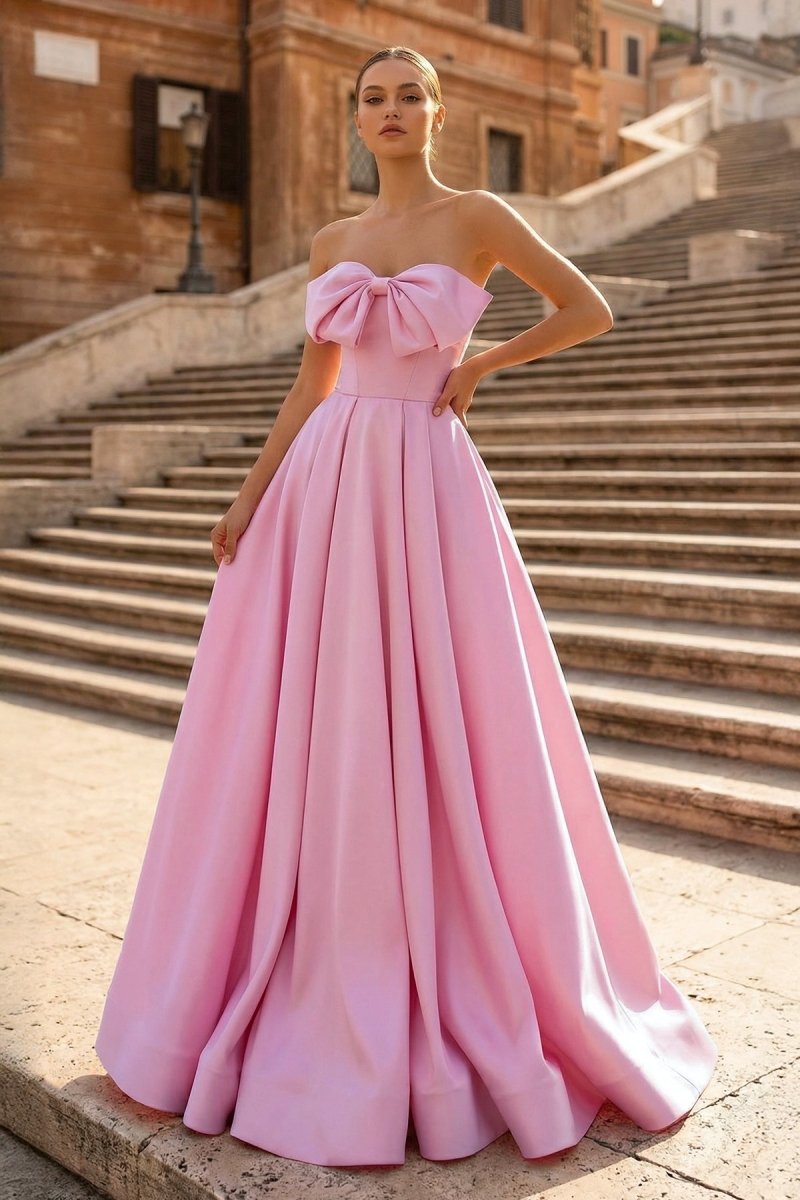 KissProm Pink A-Line Strapless Bow Satin Pleated Long Formal Prom Dress, Pink / 6
