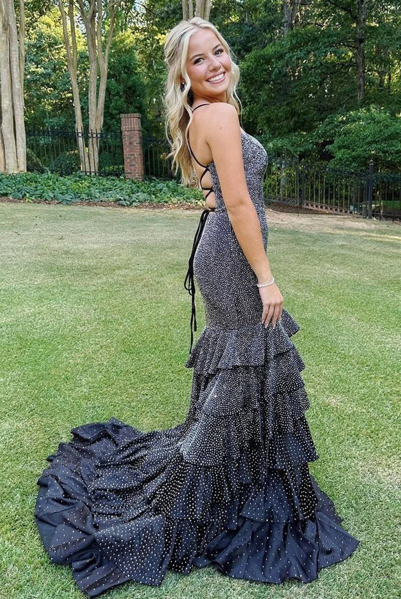 Topaz | Black V Neck Mermaid Long Prom Dress With Beading