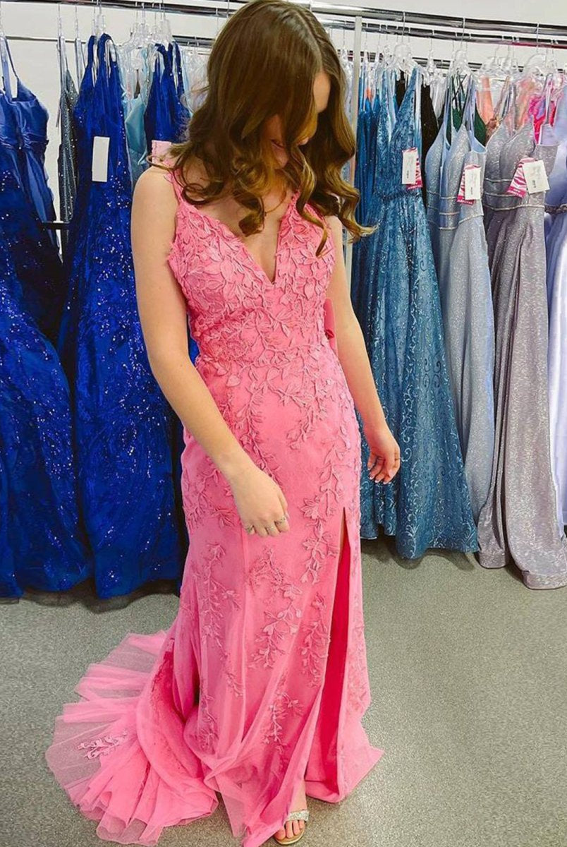 Torin | Mermaid V Neck Lavender Lace Long Prom Dresses with Appliques - KissProm