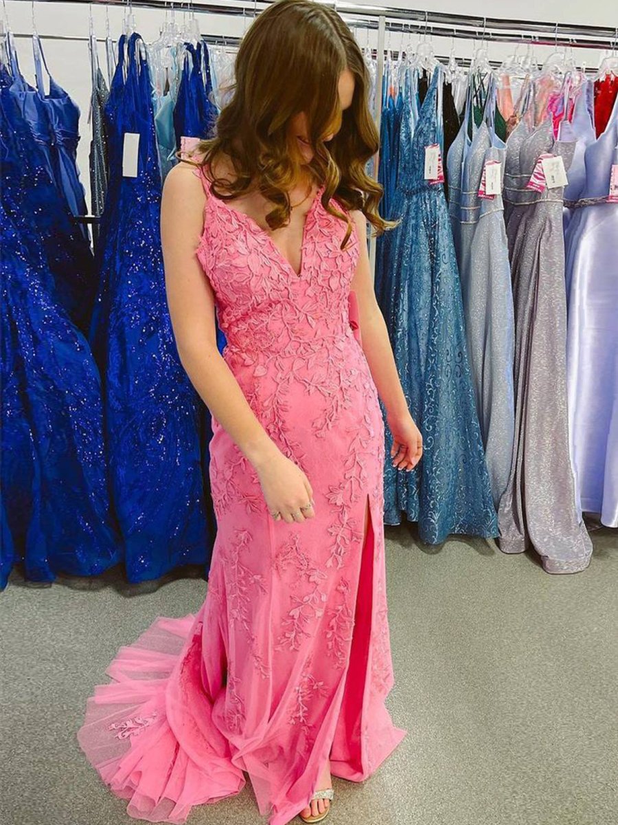 Torin | Mermaid V Neck Lavender Lace Long Prom Dresses with Appliques - KissProm