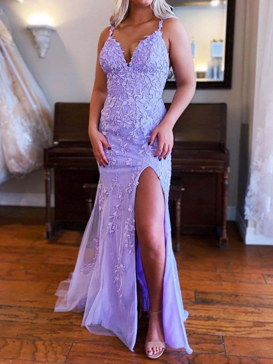 Torin | Mermaid V Neck Lavender Lace Long Prom Dresses with Appliques - KissProm