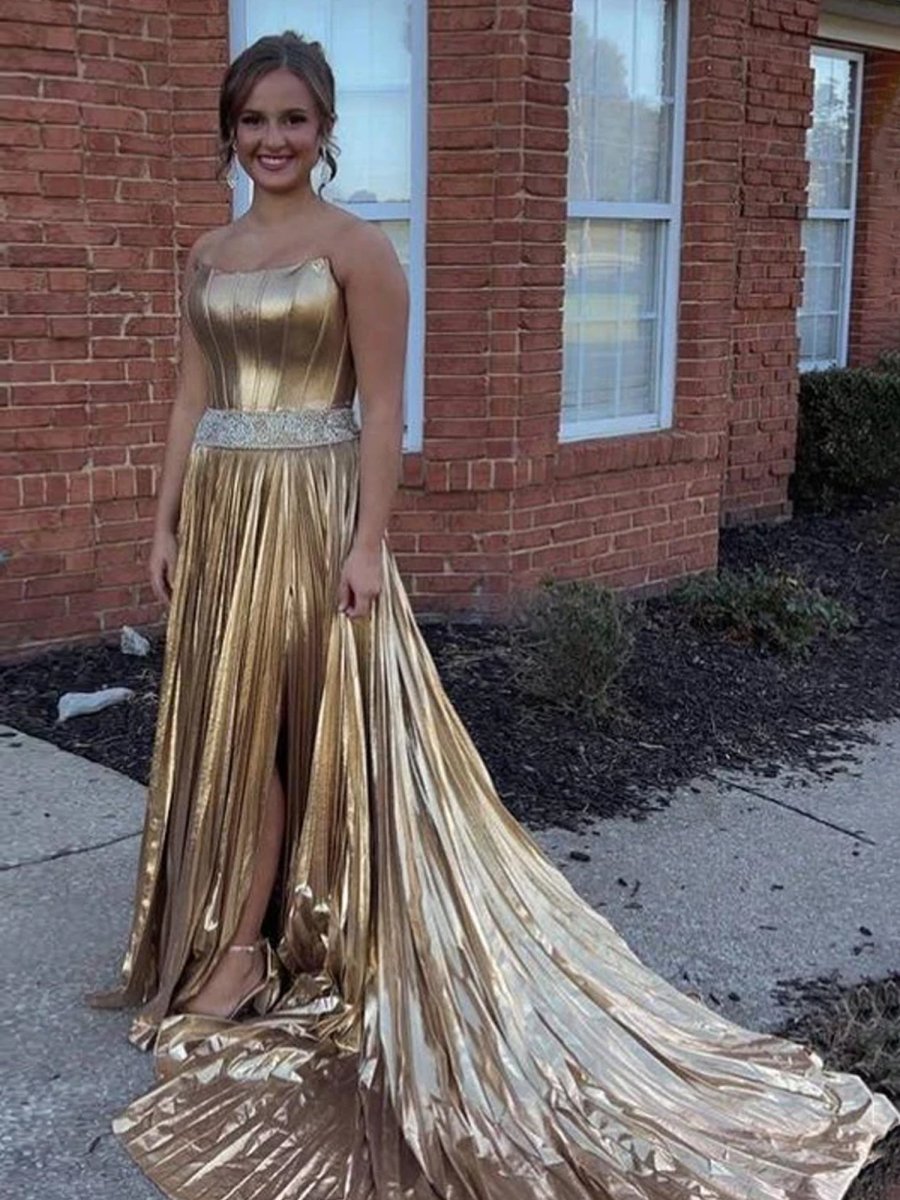 Touild | Metallic Gold Strapless Beaded Prom Dress with Slit - KissProm