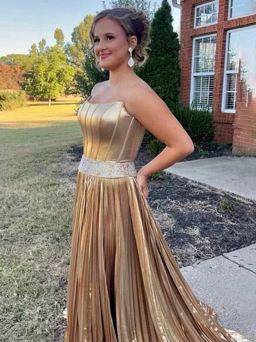 Touild | Metallic Gold Strapless Beaded Prom Dress with Slit - KissProm