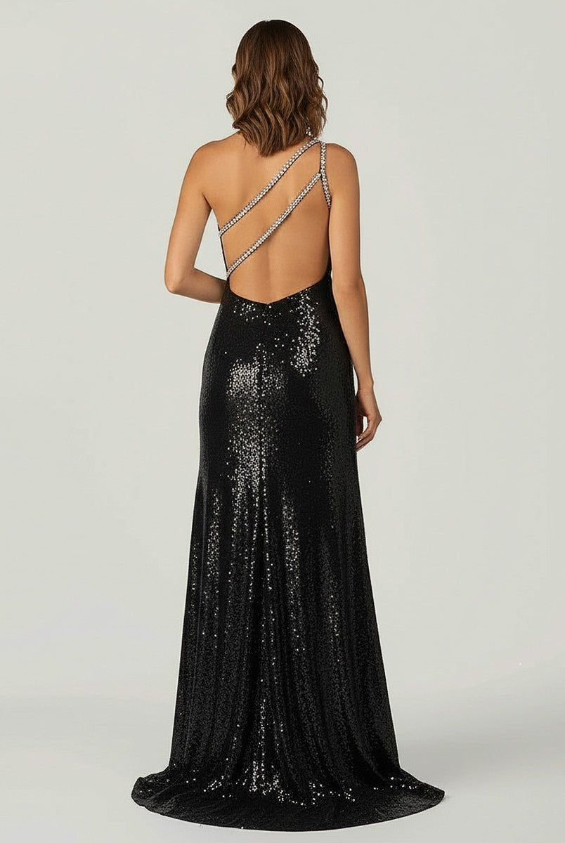 KissProm-Tove Black One Shoulder Sequins Mermaid Prom Dresses with Slit