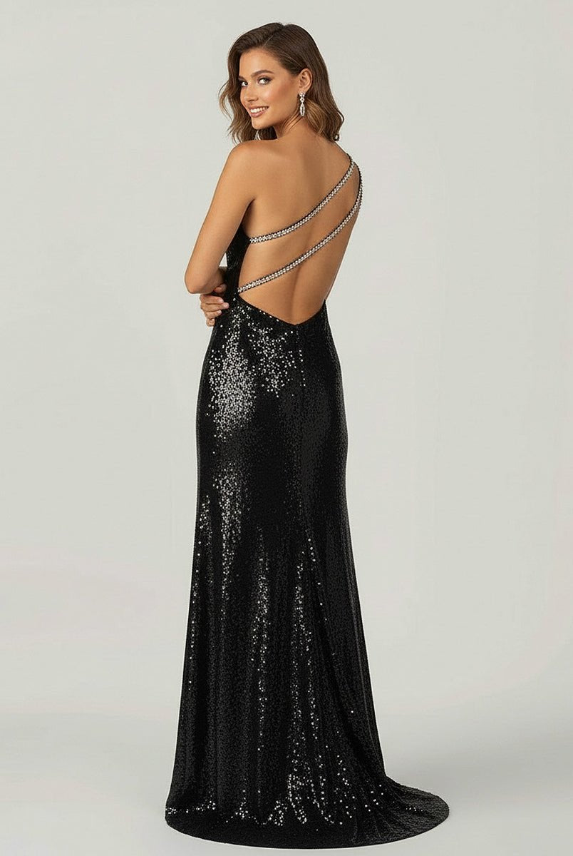 KissProm-Tove Black One Shoulder Sequins Mermaid Prom Dresses with Slit