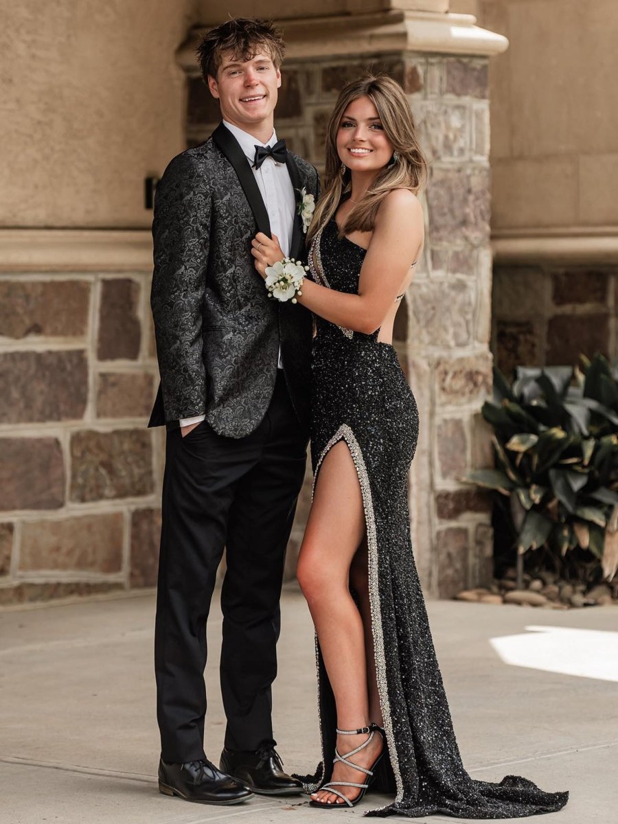 KissProm-Tove Black One Shoulder Sequins Mermaid Prom Dresses with Slit