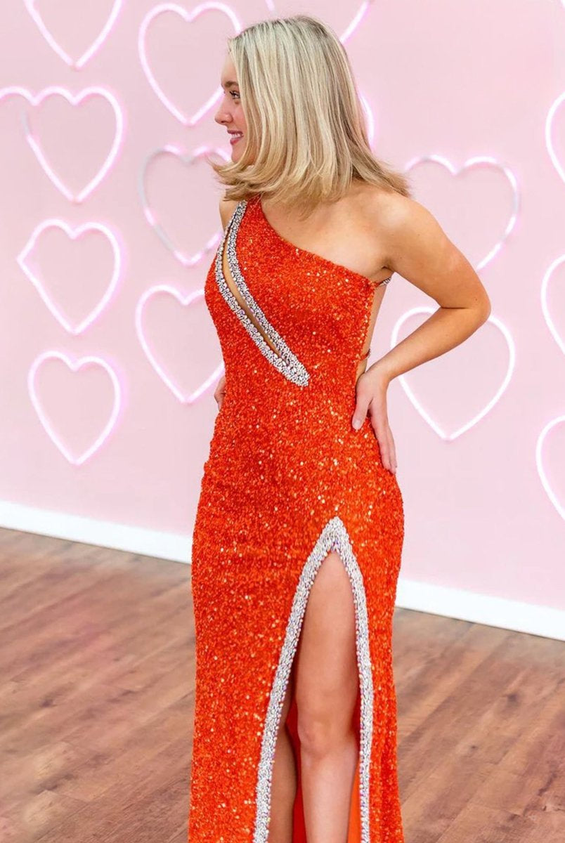 KissProm-Tove Orange One Shoulder Sequins Mermaid Prom Dresses with Slit