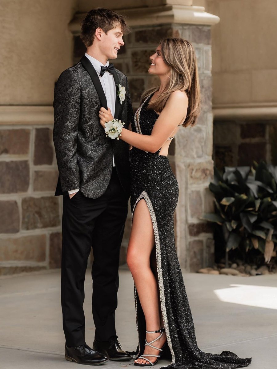 KissProm-Tove Black One Shoulder Sequins Mermaid Prom Dresses with Slit