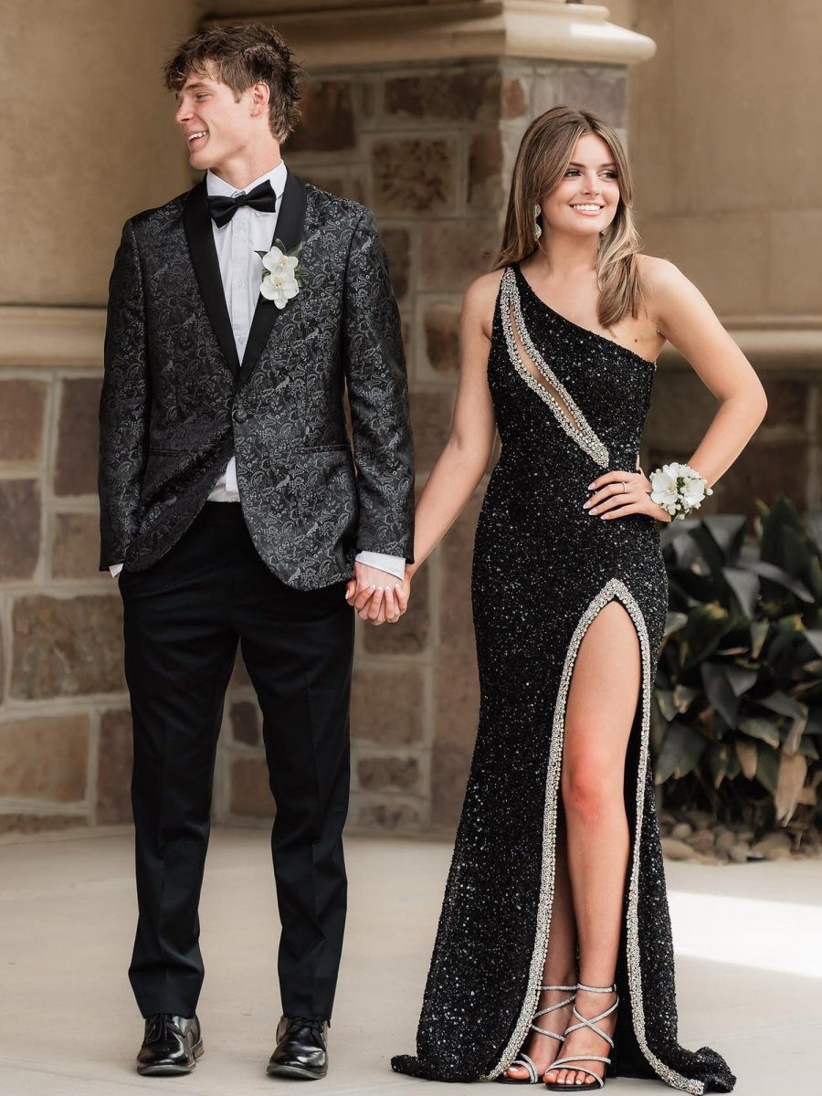 KissProm-Tove Black One Shoulder Sequins Mermaid Prom Dresses with Slit