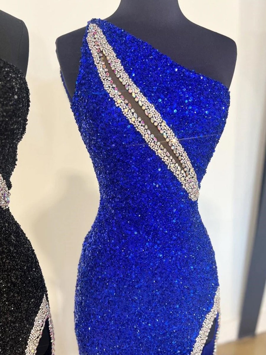 KissProm-Tove Royal Blue One Shoulder Sequins Mermaid Prom Dresses with Slit
