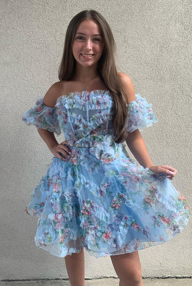 Tovia | Blue - Off The Shoulder Floral Printed A Line Homecoming Dress With Ruffles