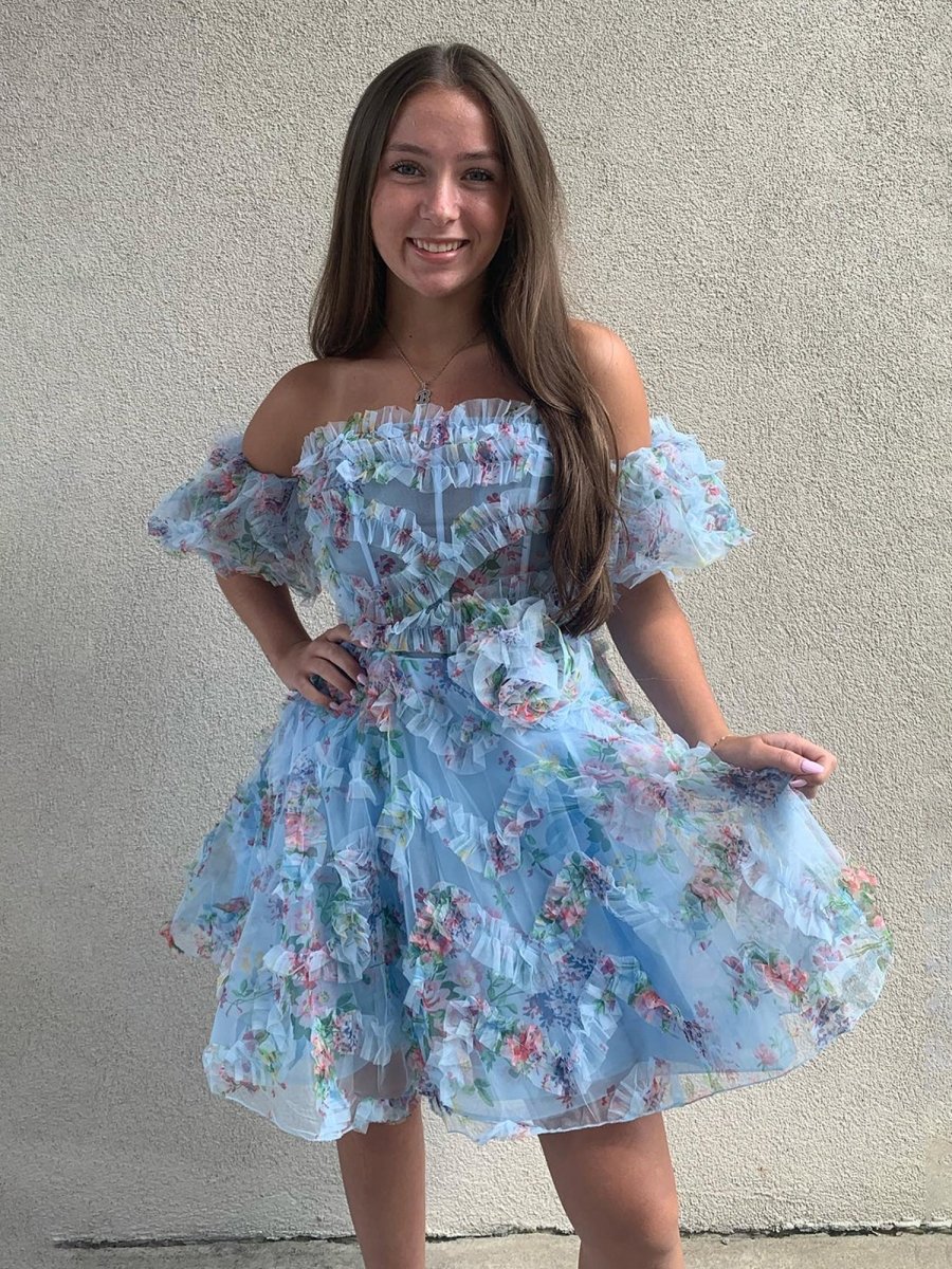 Tovia | Blue - Off The Shoulder Floral Printed A Line Homecoming Dress With Ruffles