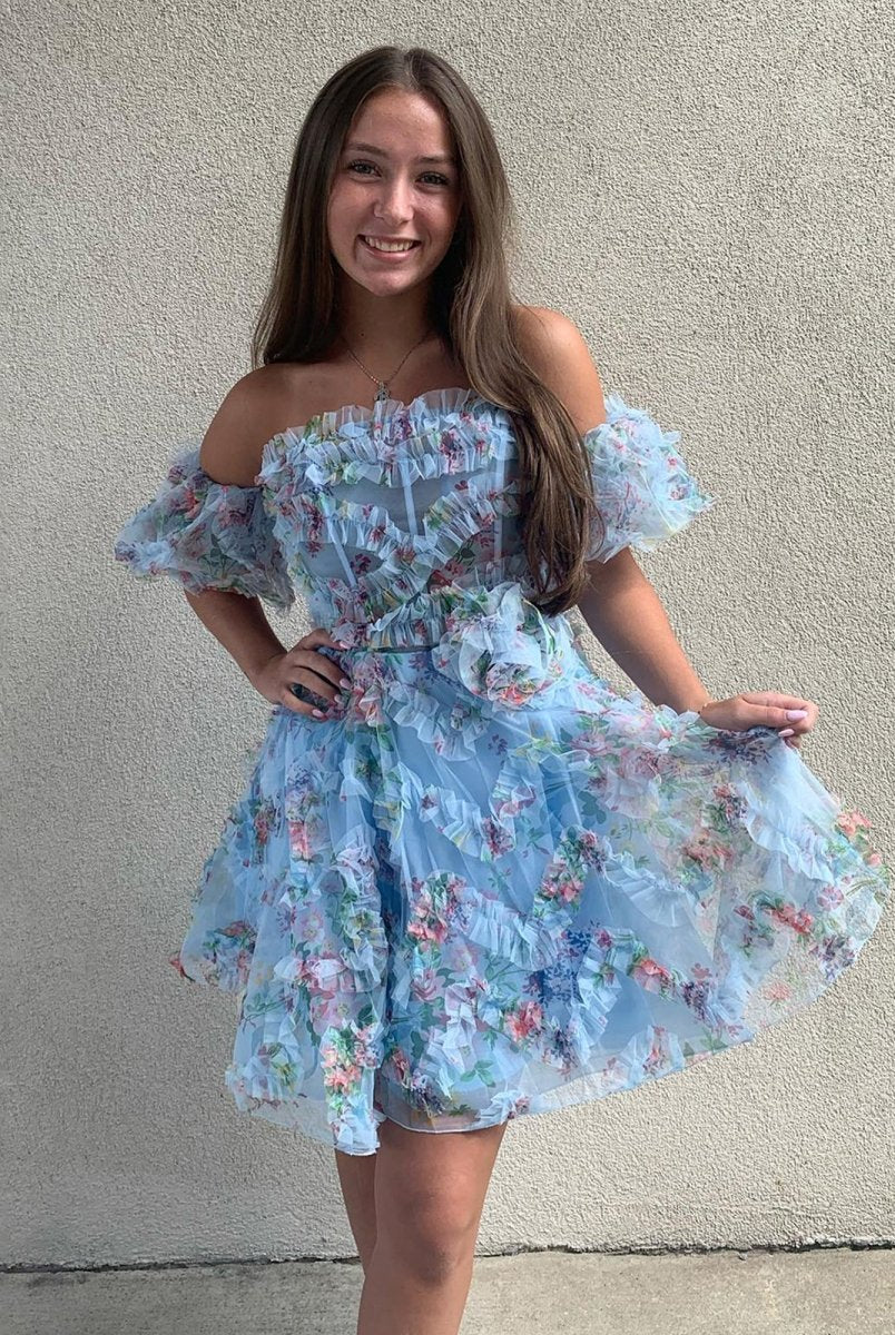 Tovia | Blue - Off The Shoulder Floral Printed A Line Homecoming Dress With Ruffles