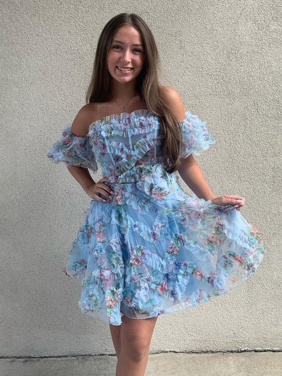Tovia | Blue - Off The Shoulder Floral Printed A Line Homecoming Dress With Ruffles