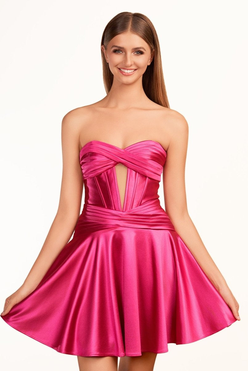 Tricia | A-line Strapless Fuchsia Pleated Homecoming Dress with Keyhole