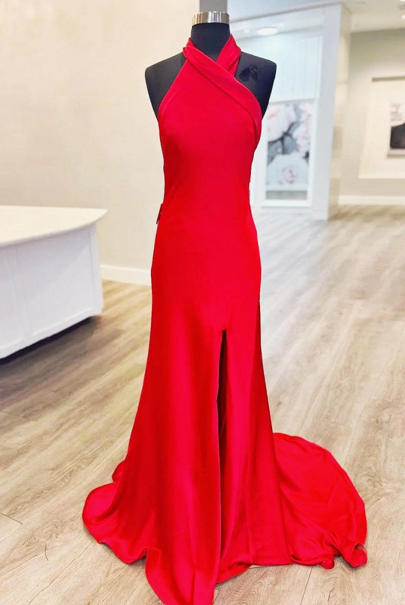Tristan | Red Halter Satin Mermaid Long Prom Dress With Slit