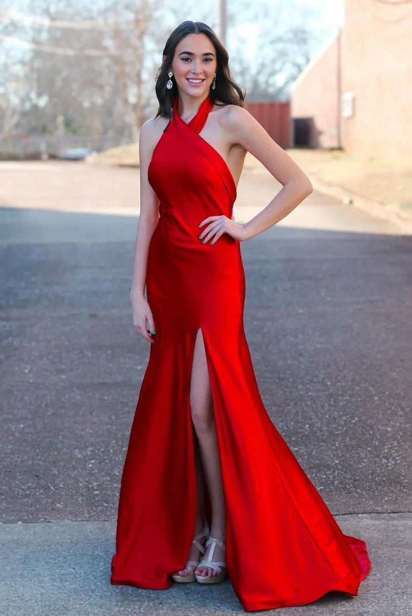 Tristan | Red Halter Satin Mermaid Long Prom Dress With Slit