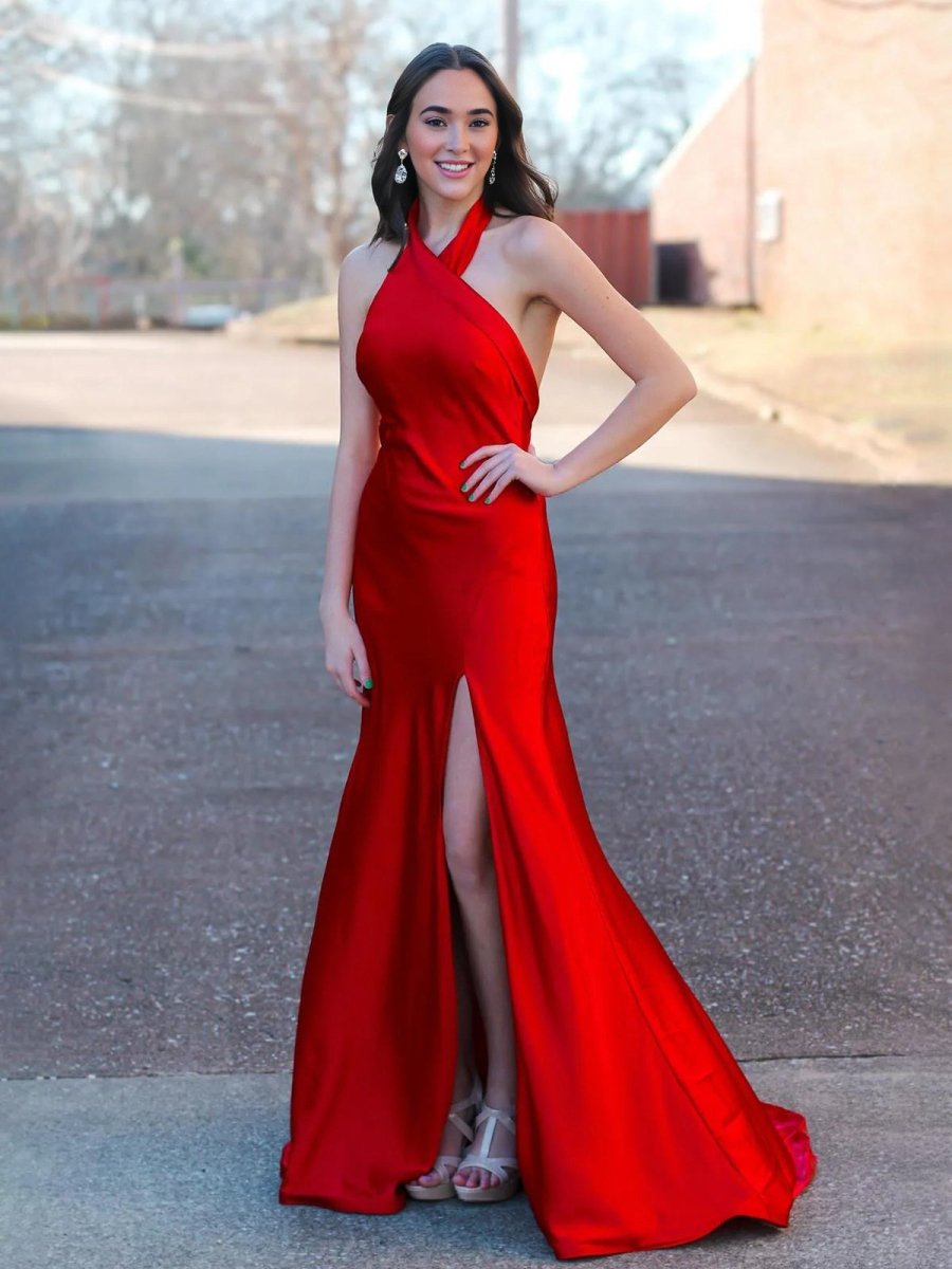 Red Halter Satin Mermaid Long Prom Dress with Slit Red / 2 Red Halter Satin Mermaid Long Prom Dress with Slit Red / 2