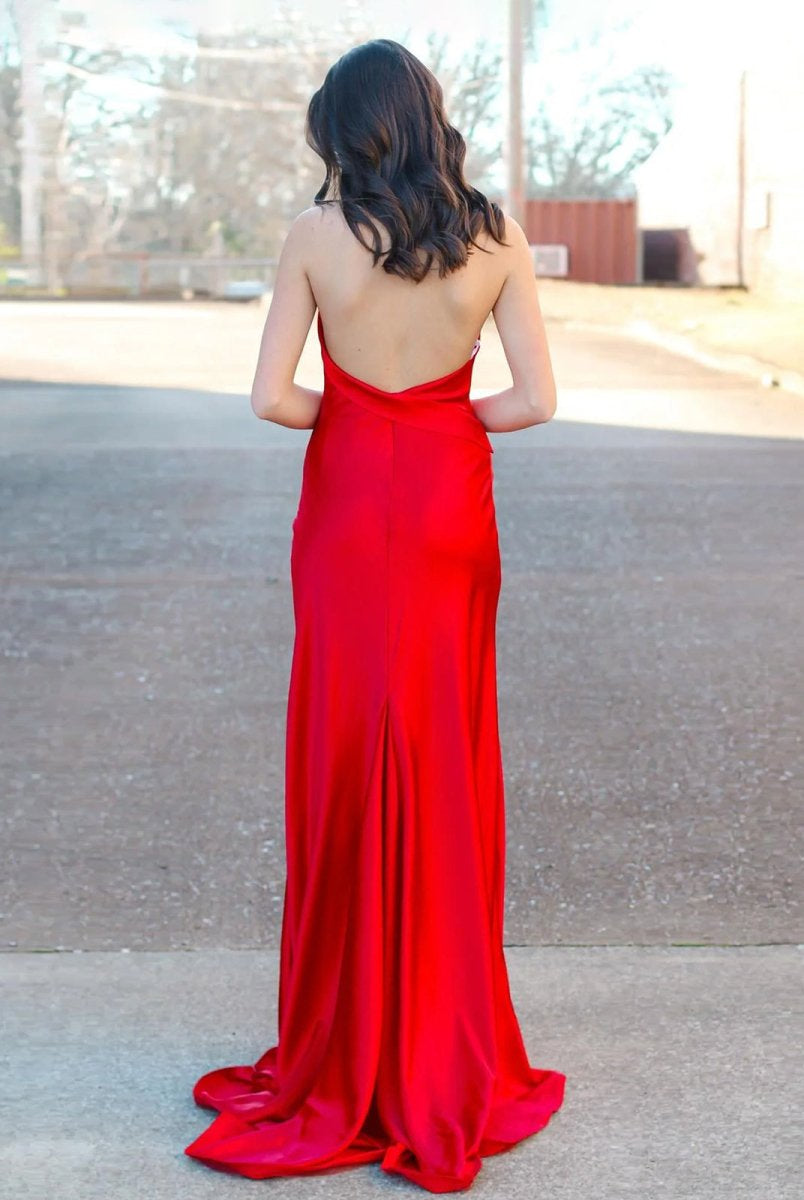 Tristan | Red Halter Satin Mermaid Long Prom Dress With Slit