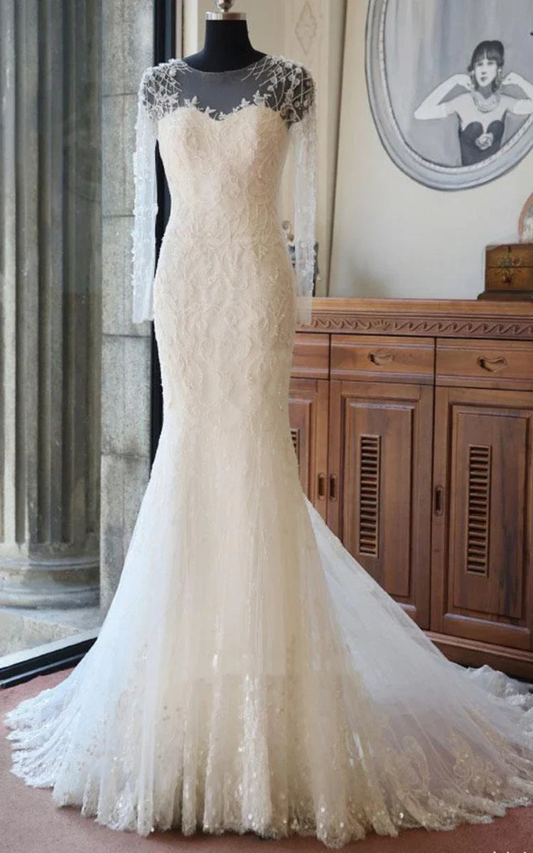 Long sleeve fishtail wedding dress hot sale