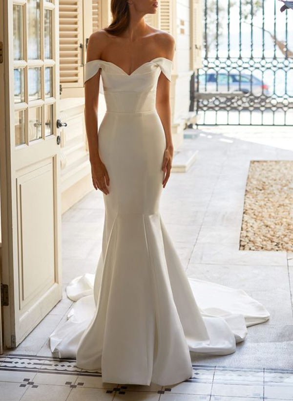 Trumpet Mermaid Off-The-Shoulder Sweep Train Satin Wedding Dress, Diamond White / 12
