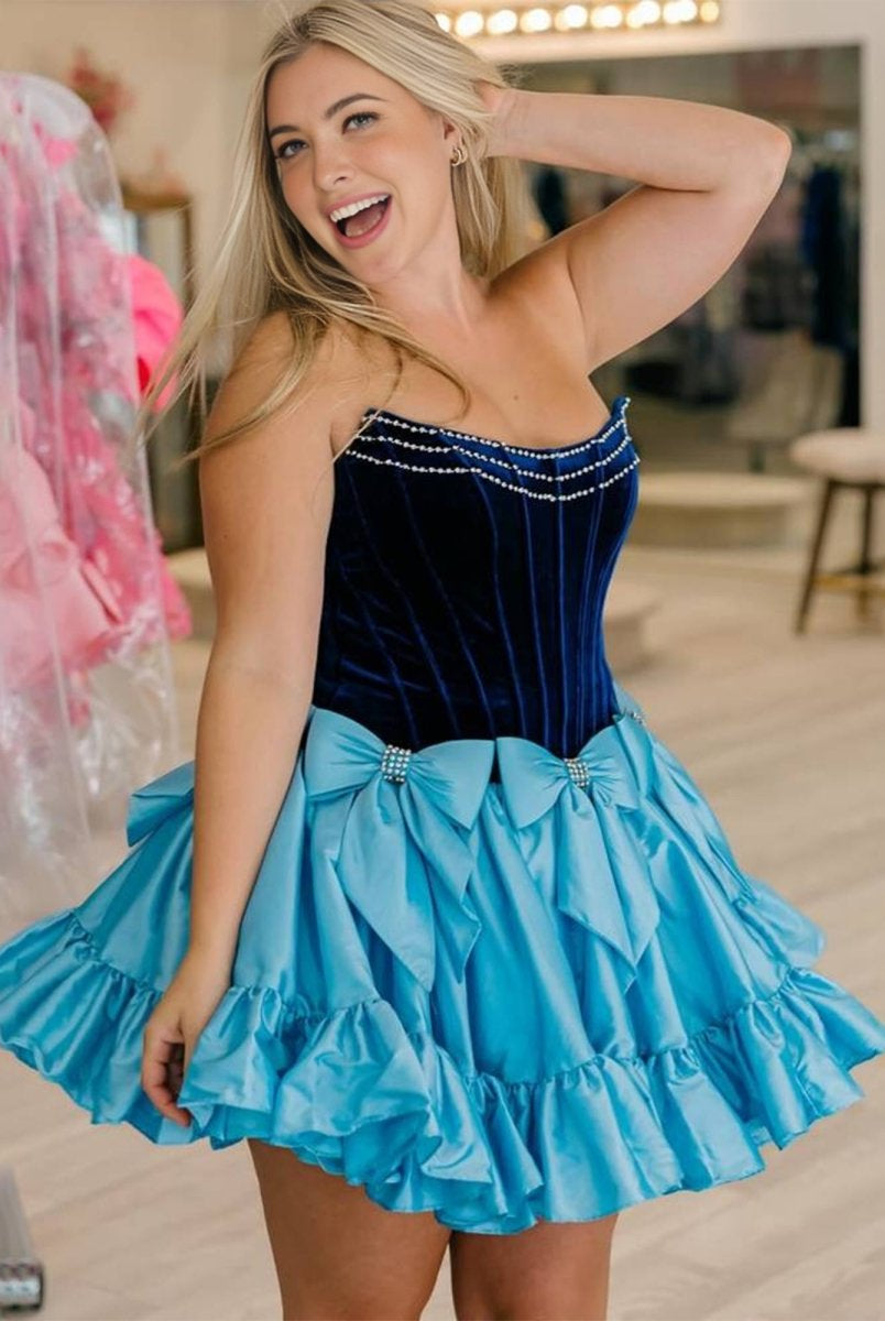Tuberose | Blue - Strapless A Line Velvet Homecoming Dresses With Bow
