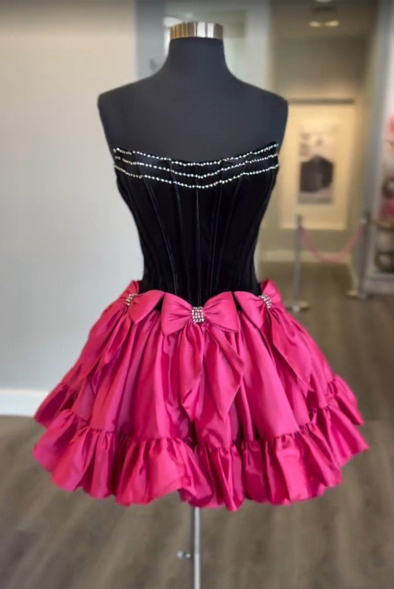 Tuberose | Fuchsia - Strapless A Line Velvet Homecoming Dresses With Bow
