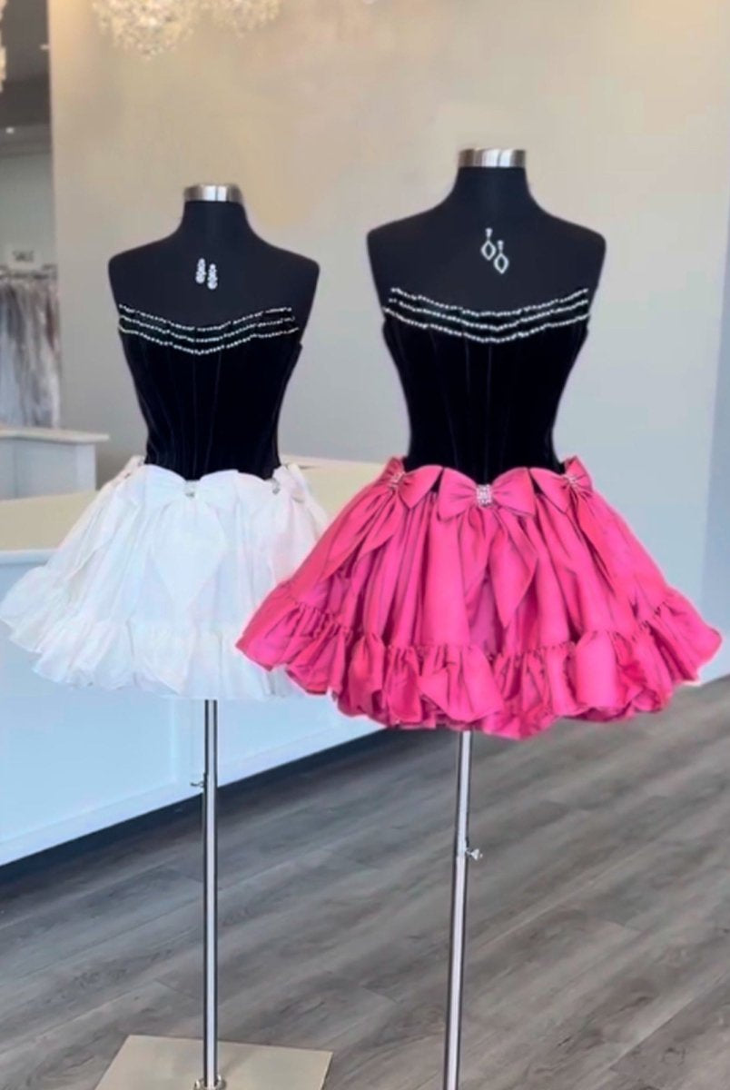 Tuberose | Fuchsia - Strapless A Line Velvet Homecoming Dresses With Bow