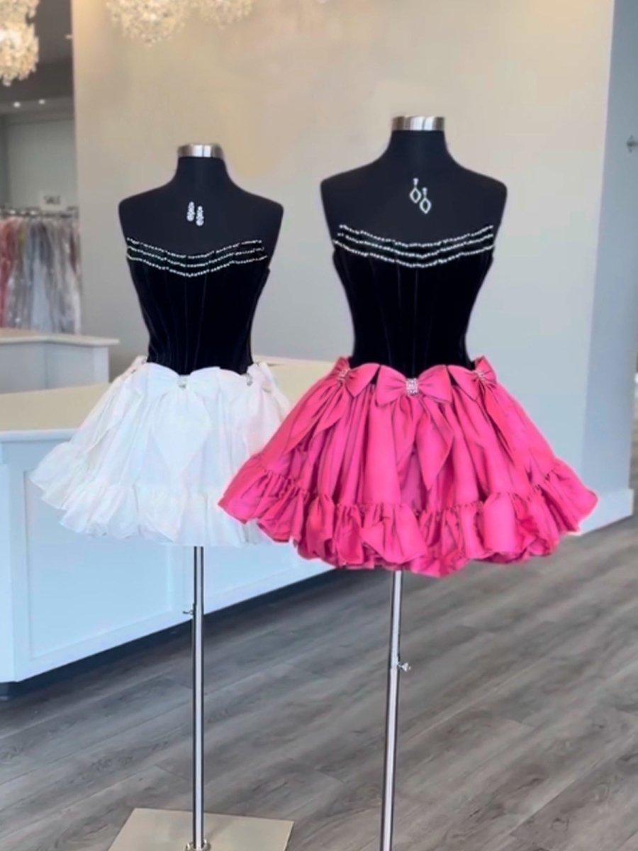 Tuberose | Fuchsia - Strapless A Line Velvet Homecoming Dresses With Bow