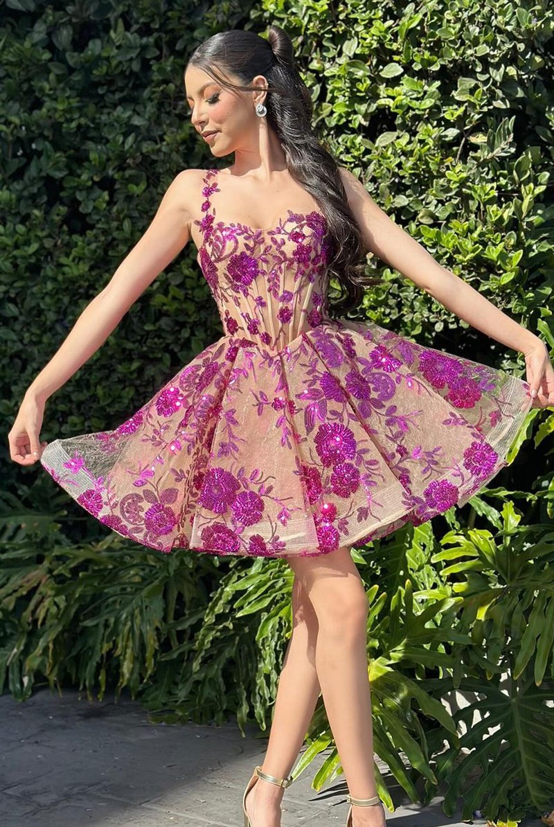 Tuci | Sparkly Fuchsia Spaghetti Straps A-Line Sequins Short Corset Homecoming Dress