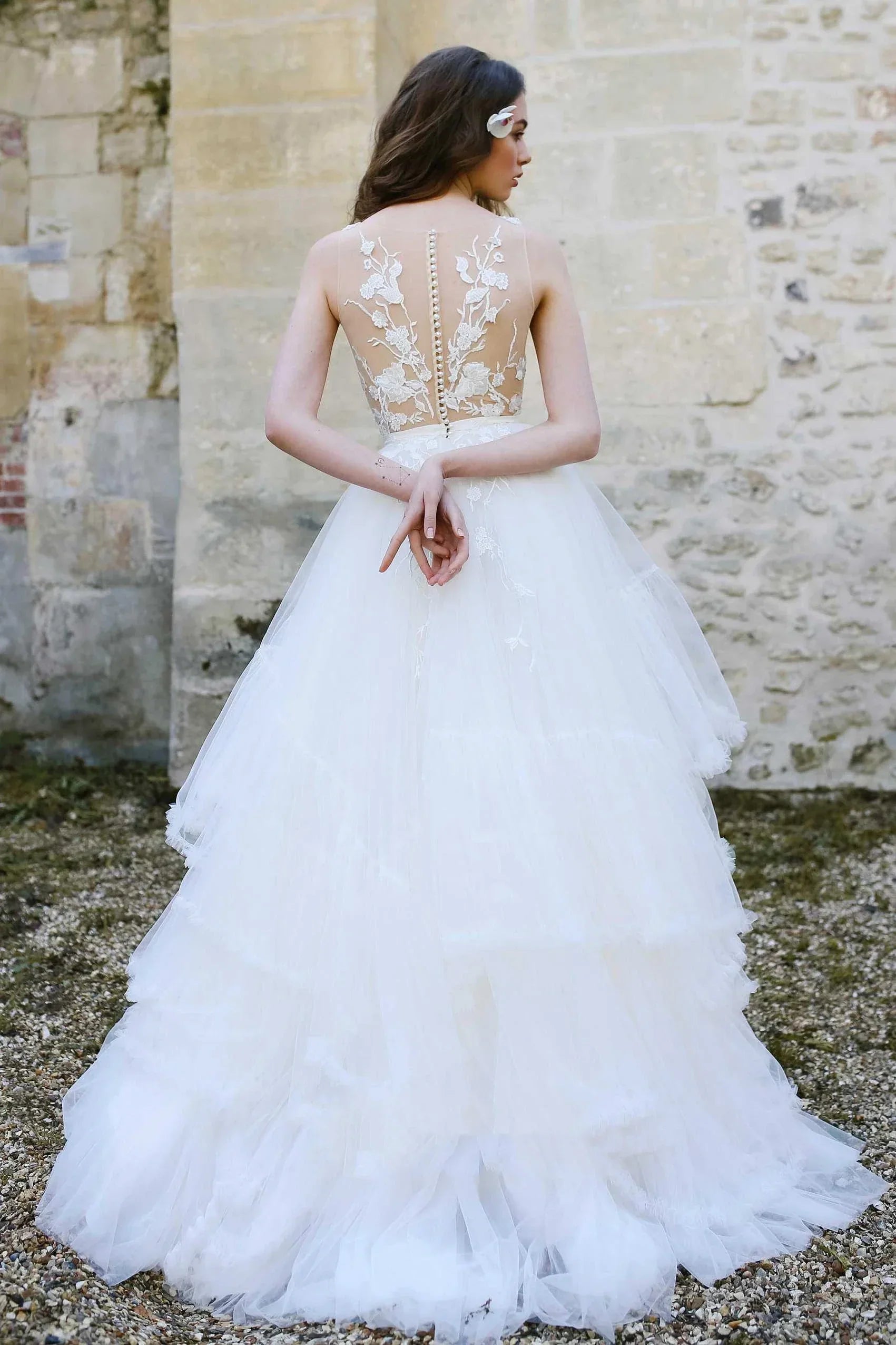White Tulle A-Line Sleeveless Illusion V-Neck Appliqued Sexy Wedding Dress, Diamond White / 2 White Tulle A-Line Sleeveless Illusion V-Neck Appliqued Sexy Wedding Dress, Diamond White / 2