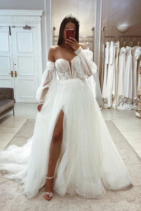Tulle A-Line Sweetheart Detachable Long Sleeve Lace Applique With Side Slit Wedding Dress