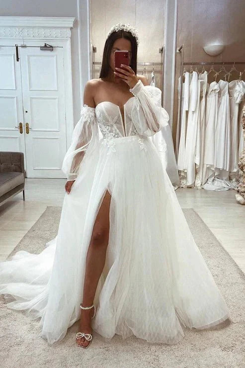 Tulle A-Line Sweetheart Detachable Long Sleeve Lace Applique with Side Slit Wedding Dress Champagne / 22 Tulle A-Line Sweetheart Detachable Long Sleeve Lace Applique with Side Slit Wedding Dress Champagne / 22