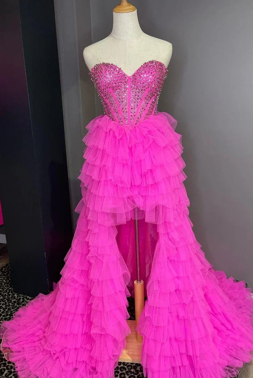 Spencer | Tulle A-Line Tiered Sweetheart Beaded High Low Prom Dress