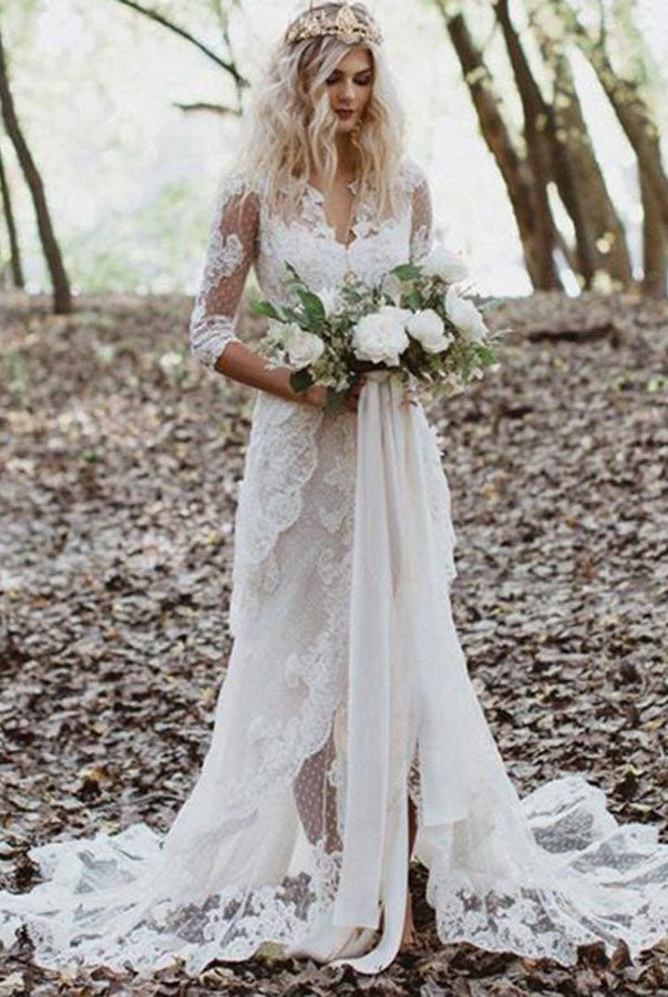 Tulle A - Line Lace Appliques 3/4 - Sleeve V - Neck Romantic Bridal Wedding Gowns - KissProm