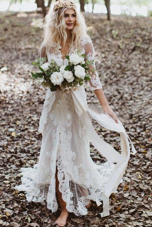 Tulle A - Line Lace Appliques 3/4 - Sleeve V - Neck Romantic Bridal Wedding Gowns - KissProm