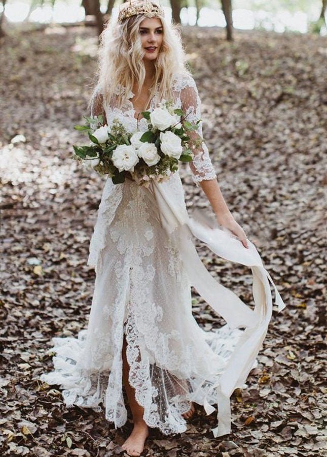 Tulle A - Line Lace Appliques 3/4 - Sleeve V - Neck Romantic Bridal Wedding Gowns - KissProm