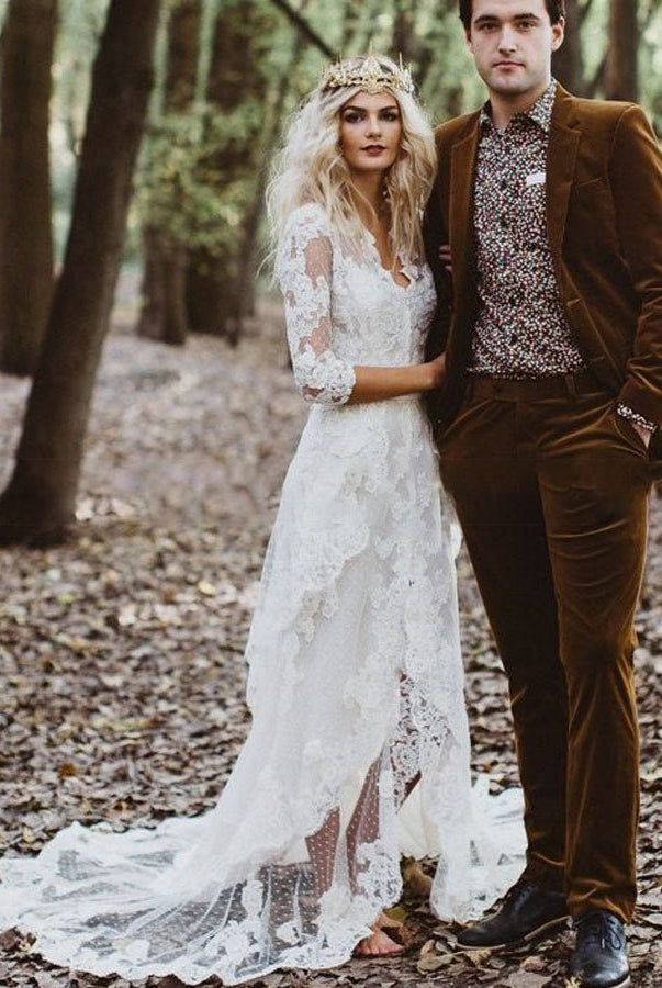 Tulle A - Line Lace Appliques 3/4 - Sleeve V - Neck Romantic Bridal Wedding Gowns - KissProm