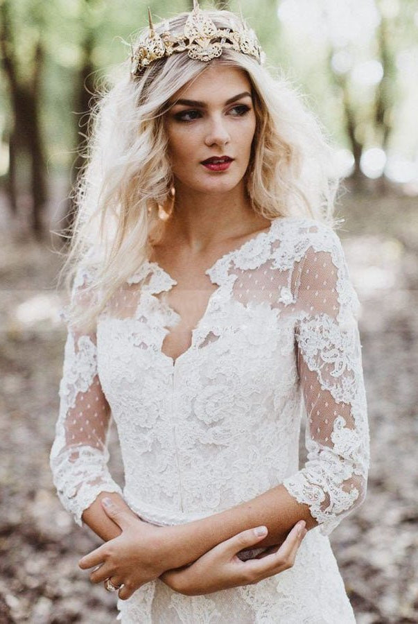 Tulle A - Line Lace Appliques 3/4 - Sleeve V - Neck Romantic Bridal Wedding Gowns - KissProm