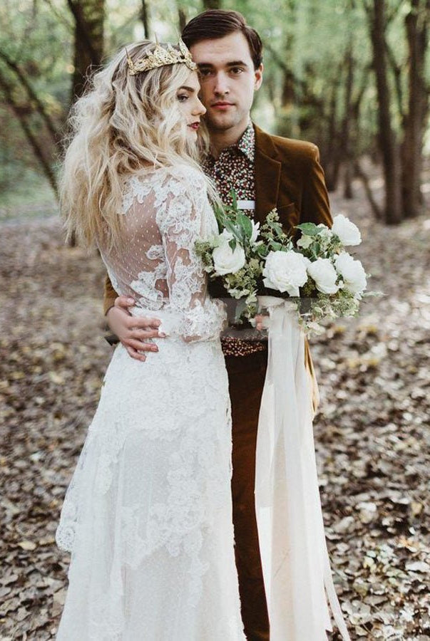 Tulle A - Line Lace Appliques 3/4 - Sleeve V - Neck Romantic Bridal Wedding Gowns - KissProm