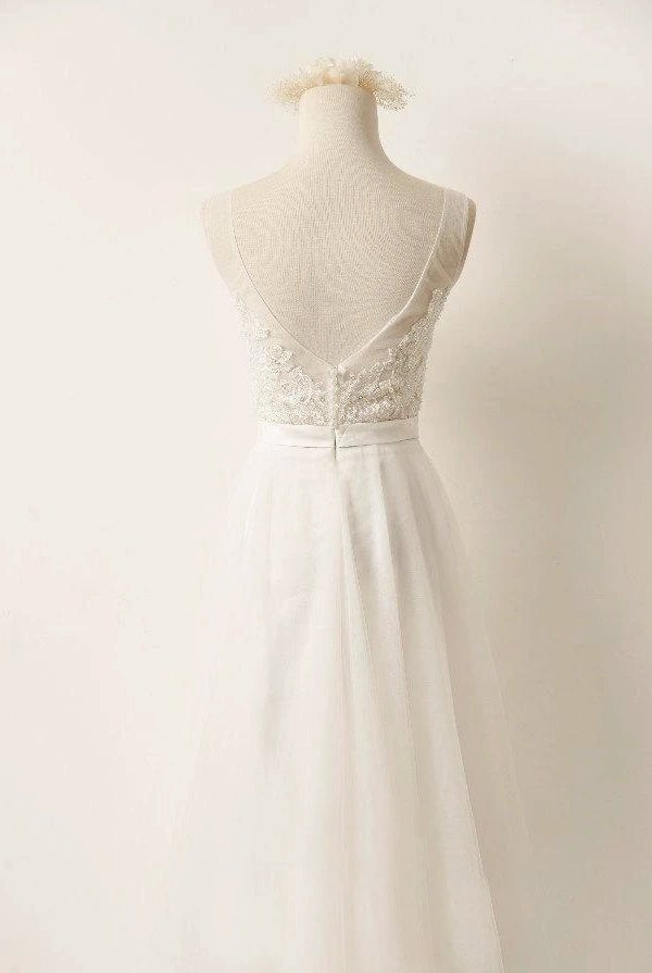 A - Line Tulle Lace V Neck Wedding Dress With Sweep Train - KissProm