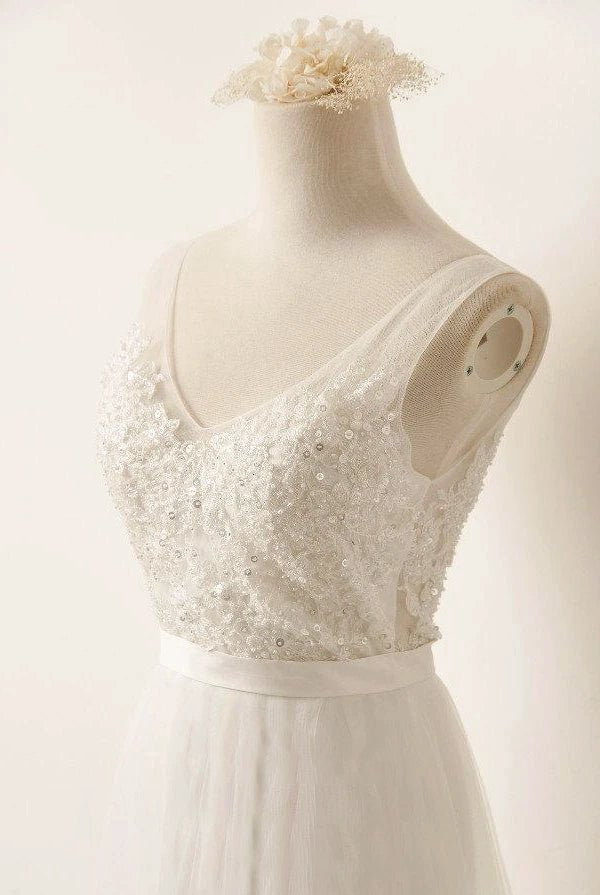 A - Line Tulle Lace V Neck Wedding Dress With Sweep Train - KissProm