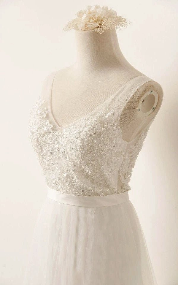 A - Line Tulle Lace V Neck Wedding Dress With Sweep Train - KissProm