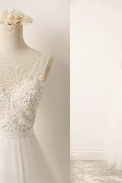A - Line Tulle Lace V Neck Wedding Dress With Sweep Train - KissProm