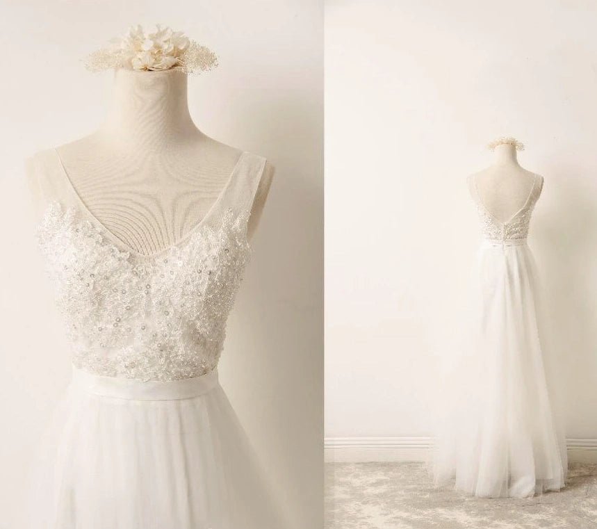 A - Line Tulle Lace V Neck Wedding Dress With Sweep Train - KissProm