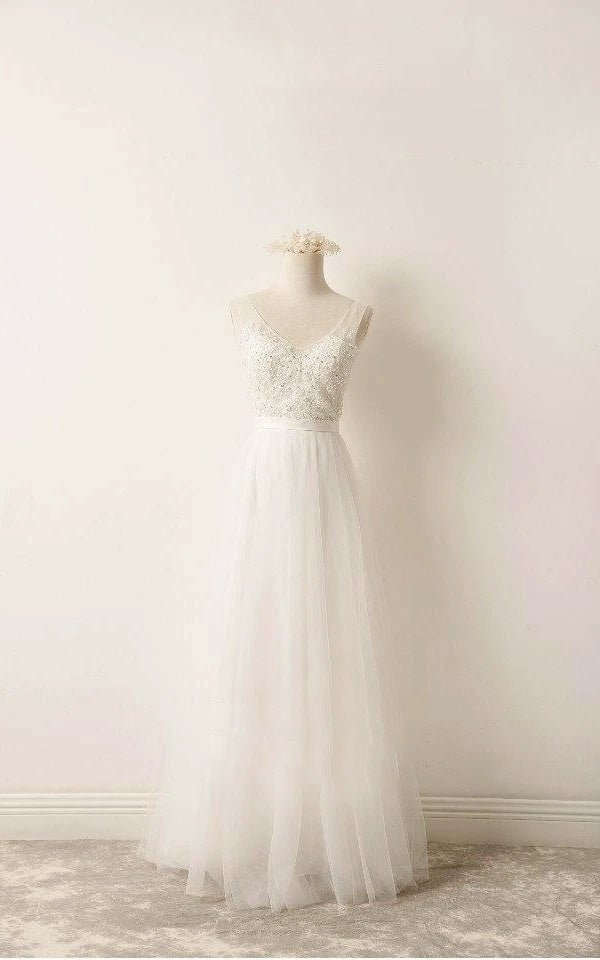 A - Line Tulle Lace V Neck Wedding Dress With Sweep Train - KissProm